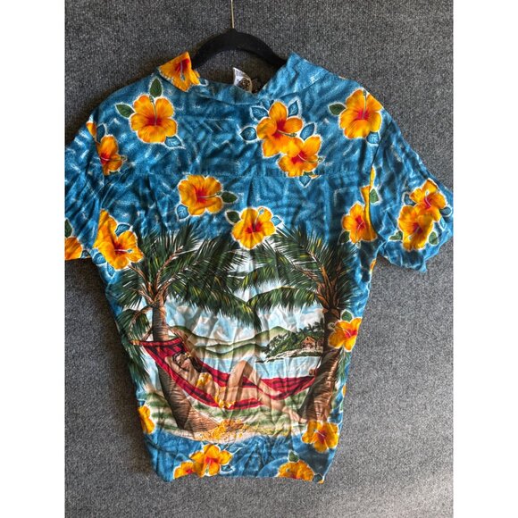 Vintage Hawaiian Print Shirt With Tropical Beach Scene & Palm Trees Button-Up Sh - Picture 5 of 12